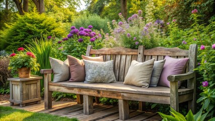 Weathered gray outdoor pillows adorn a rustic wooden benches surrounded by lush greenery and overgrown flowers in a serene and peaceful backyard setting.