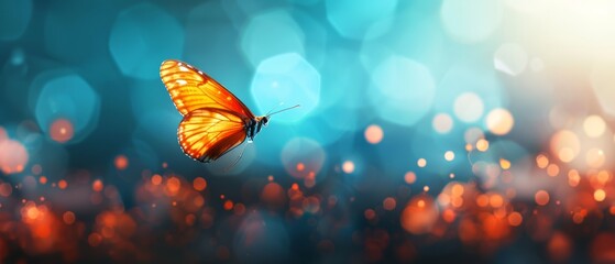  A tight shot of a butterfly in flight against a background of softly blurred lights