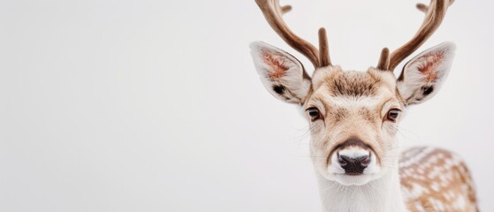  A deer's face, tightly framed, adorned with antlers atop its head against a pristine white backdrop