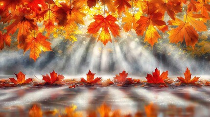   An autumnal painting depicts fallen leaves illuminated by radiant sunlight beneath them