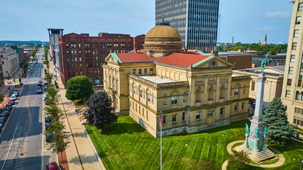 Aerial View of Historic Courthouse and Monument in Downtown South Bend