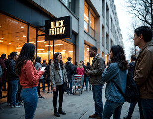 crowd of people standing outside a store with black friday sign