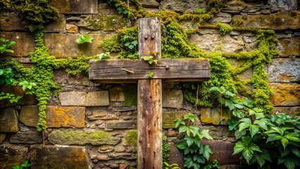 Weathered wooden cross stands against a rustic stone wall with a rough, peeling texture, surrounded by overgrown vines and moss in a serene natural setting.