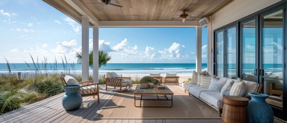 Luxury beach terrace with ocean view, comfortable outdoor furniture. Free copy space for text.