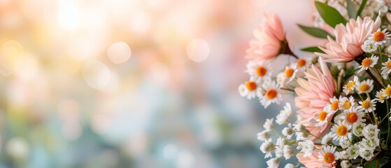  A vase of daisies and other flowers on a table, surrounded by softly blurred lights in the background