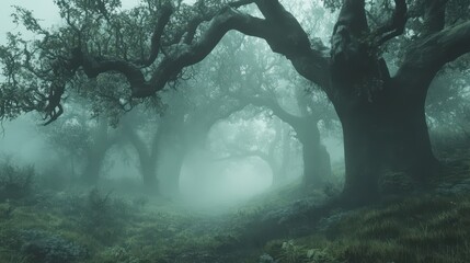 A misty forest with twisted trees, creating a mysterious and enchanting atmosphere.