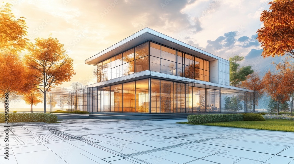 Poster modern architectural design with conceptual sketches and 3d visualization