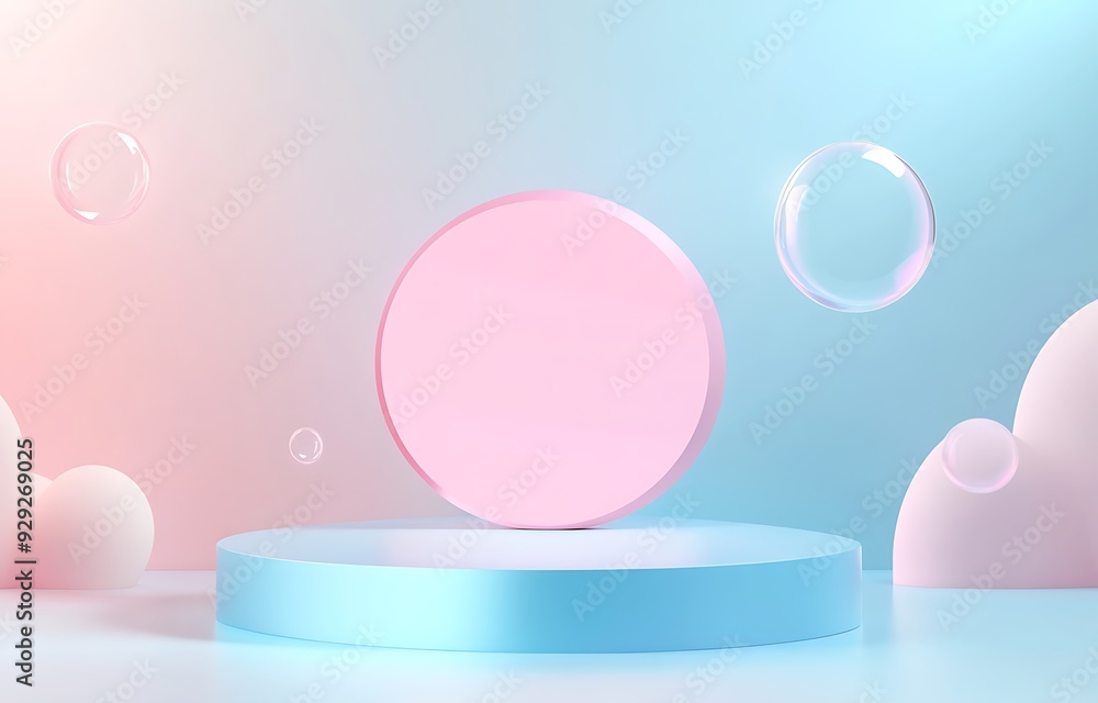 Poster abstract blue and pink platform for product display with floating bubbles.