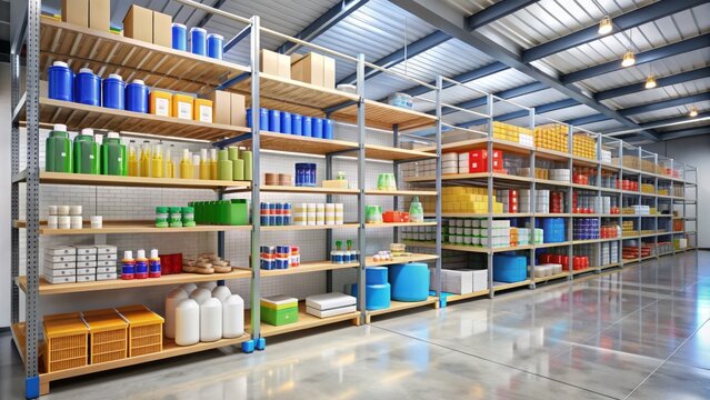 Well-organized shelves stocked with an assortment of everyday essentials, cleaning products, and packaged goods in a brightly lit, modern retail supply and storage facility.