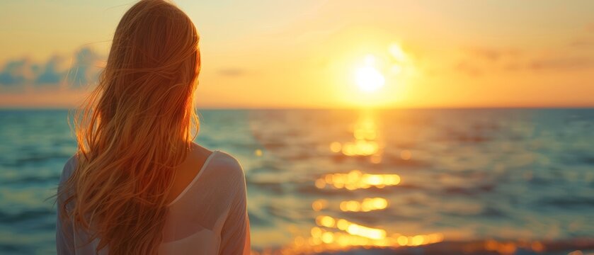  Woman facing ocean, sun illuminates her backhead