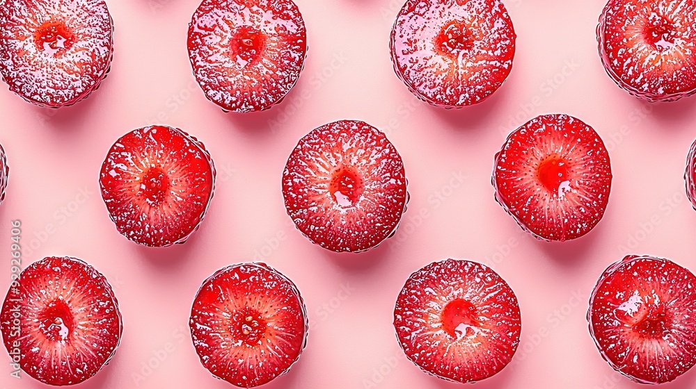 Sticker a cluster of red berries perched atop a pale background, adorned with droplets of moisture