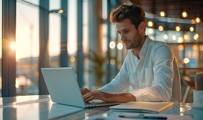 Man Working on Laptop in a Bright and Friendly Office Environment