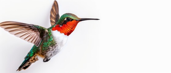 Obraz premium A hummingbird in flight, wings spread, head turned aside