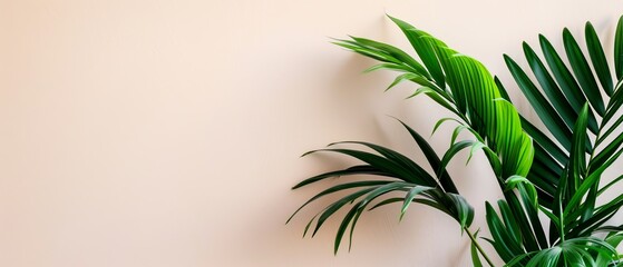 Fototapeta premium A green plant atop a white wall Nearby, a white vase holds another green plant