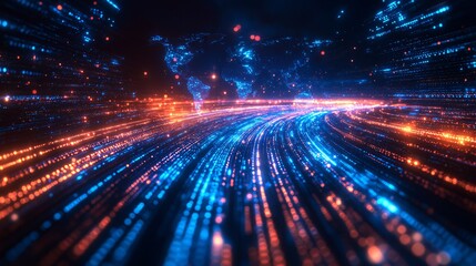 Fototapeta premium Global Data Transfer Concept: Light Trails on Digital World Map