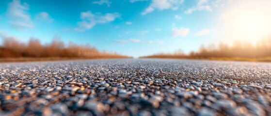 Road leading to trees in distance, blue sky with clouds behind