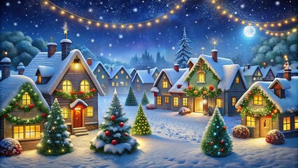 Whimsical illustration of snowy village houses adorned with festive lights, garlands, and wreaths, set against a starry winter night sky with falling snowflakes.
