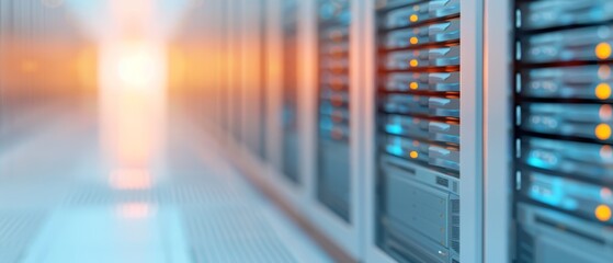  Servers in data center arranged in rows Bright light at end of a server row