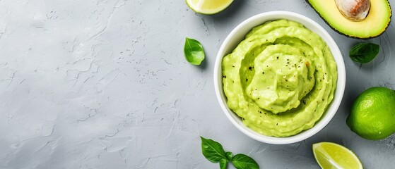Obraz premium A white bowl holds guacamole, surrounded by limes and avocados on a gray table