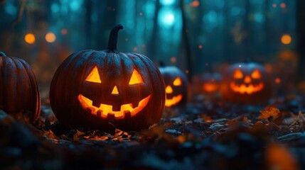 Obraz premium Halloween pumpkins in the forest at night.Halloween background with Evil Pumpkin. Spooky scary dark Night forrest. Holiday event halloween banner background concept with generative ai