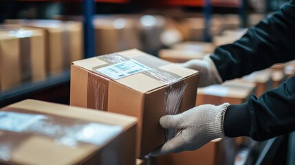 Shipping labels being printed and applied to boxes in a logistics warehouse