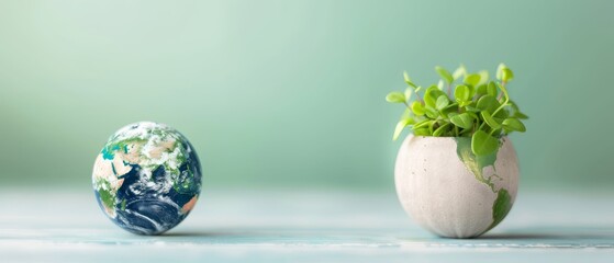  A vase holds a blooming plant, nearby, an egg sports a plant sprouting from its peak