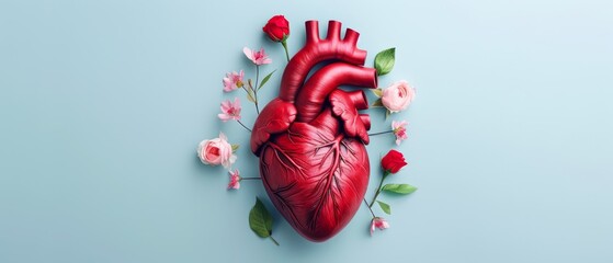  A red human heart encircled by flowers against a blue backdrop, featuring pink and white blossoms on either side
