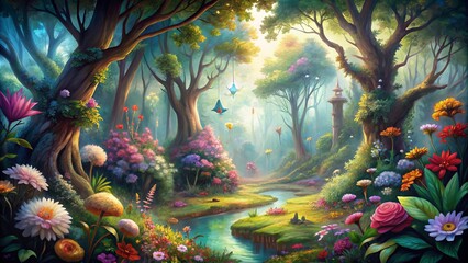 Whimsical watercolor illustration of a fantastical forest featuring vibrant flowers, lush greenery, and delicate wildlife, evoking a sense of dreamy wonder and enchantment.