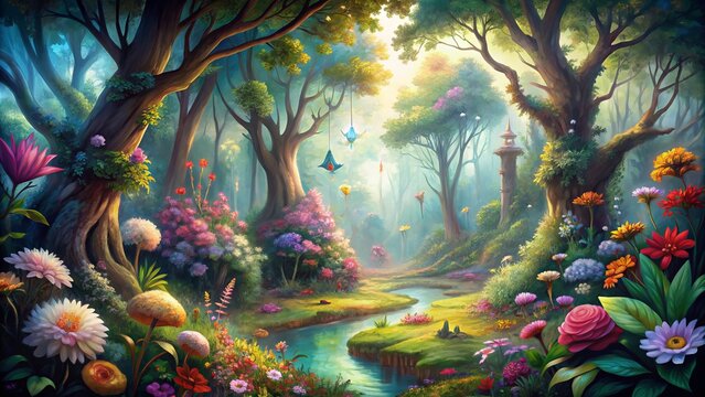 Whimsical watercolor illustration of a fantastical forest featuring vibrant flowers, lush greenery, and delicate wildlife, evoking a sense of dreamy wonder and enchantment.