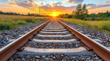 Naklejka premium A set of train tracks stretching into the distance as the sun sets over a sea of green grass and vibrant wildflowers