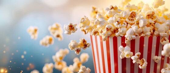  A red-and-white striped popcorn bucket with escaping popcorn kernels against a blue-and-white backdrop