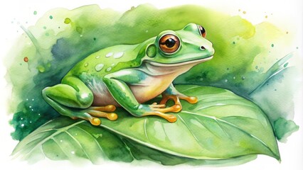 Whimsical watercolor painting of a bright green frog sitting on a lush green leaf, surrounded by delicate strokes and soft, blended colors, evoking a sense of serenity.
