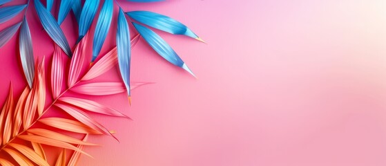 Obraz premium A tight shot of a pink-blue backdrop, adorned with a cluster of blue and orange foliage above