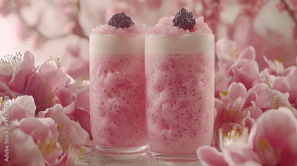 Sticker   Two tall glasses hold pink liquid and are garnished with a black berry, resting atop a table surrounded by pink blossoms