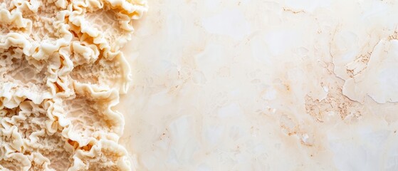  A macro shot of macaroni and cheese against a white marble countertop, accompanied by a brown and white background