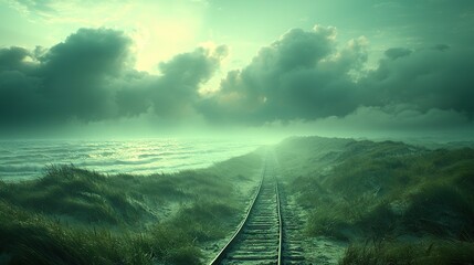 Obraz premium Train track next to large body of water under cloudy sky