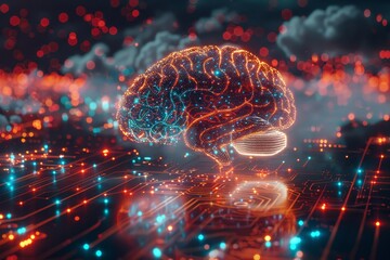 Glowing 3D Brain On Circuit Board, Artificial Intelligence And Neural Network Concept