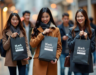three women holding black friday shopping bags with joyful facial expressions