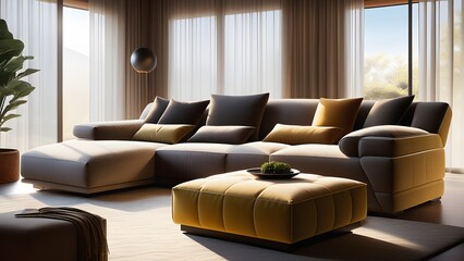 Modern bright interiors living room 3D rendering illustration