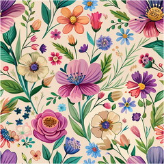 Colorful flowers seamless pattern, vector illustration hand drawn style, floral doodle background.