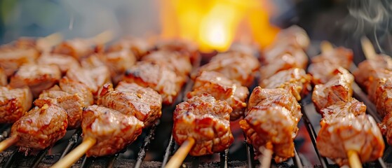  Several skewers of meat on a grill against a backdrop of a fireside background