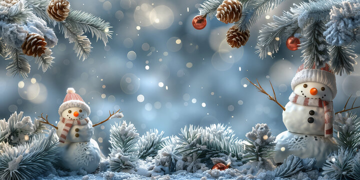 Christmas background. Christmas holiday background with copy space for text. anches and snow. Snowman in the snow landscape.  Holidays greeting card