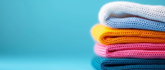  A blue table holds a stack of multicolored sweaters, arranged one atop the other against a matching blue background