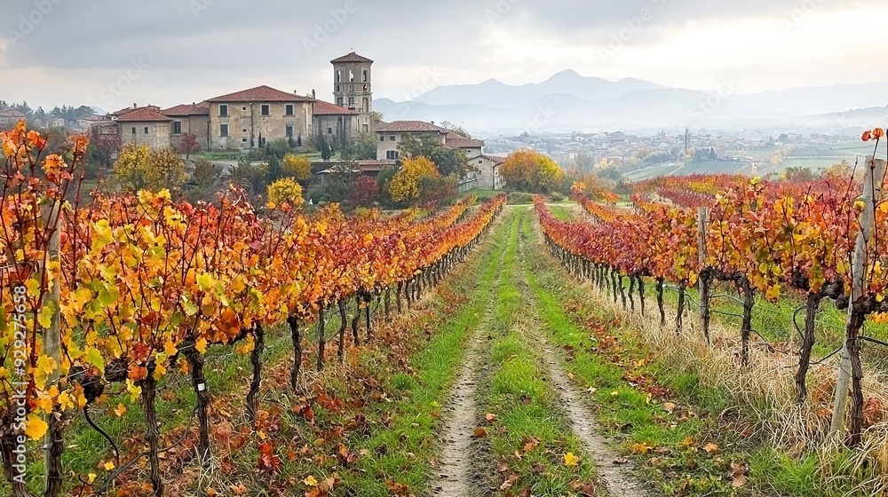 Poster   A picturesque vineyard with a church in the distance and vibrant orange-leafed trees framing the foreground