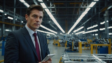 Business Executive in a Modern Airplane Manufacturing Facility with Advanced Machinery and Industrial Background. AI generated