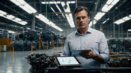 Business Executive in a Modern Airplane Manufacturing Facility with Advanced Machinery and Industrial Background. AI generated