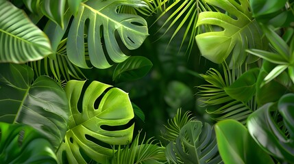 Lush Tropical Tapestry: A vibrant collage of verdant monstera and palm leaves, capturing the essence of a thriving jungle paradise. 