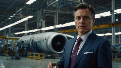 Business Executive in a Modern Airplane Manufacturing Facility with Advanced Machinery and Industrial Background. AI generated