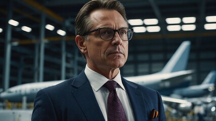 Business Executive in a Modern Airplane Manufacturing Facility with Advanced Machinery and Industrial Background. AI generated