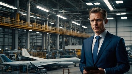 Business Executive in a Modern Airplane Manufacturing Facility with Advanced Machinery and Industrial Background. AI generated